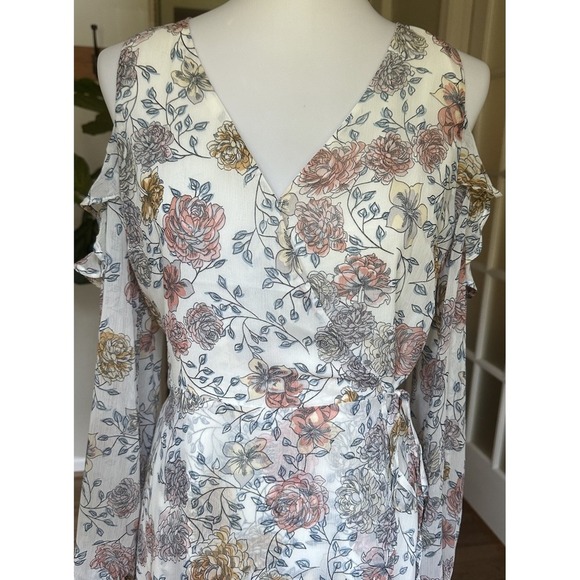 J.O.A. Floral Cold Shoulder Wrap Mini Dress Women's Medium Long Sleeve Lined - Picture 3 of 10